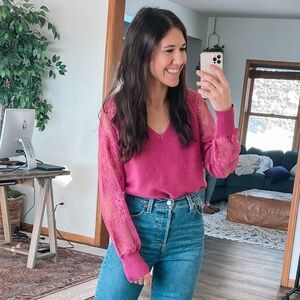 Lace long sleeve ribbed knit sweater